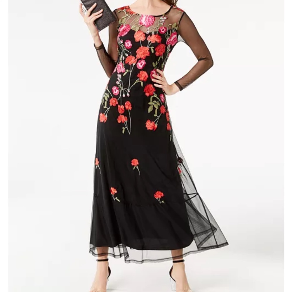 Embroidered maxi dress round neck long mesh sleeves